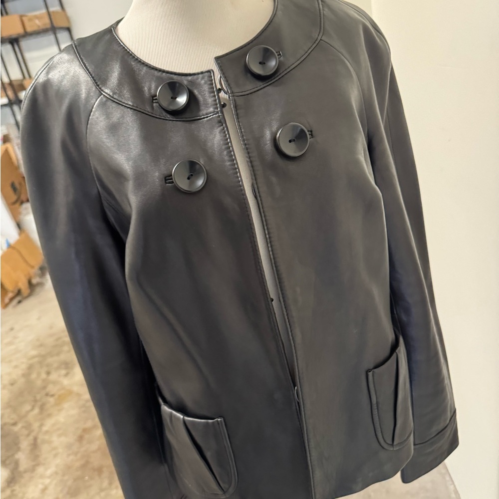 Women’s Black Leather Jacket Classiques Entier Collarless Button Size Medium